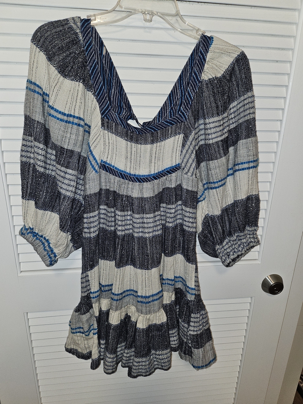 Free People Striped Puff-Sleeve Tunic in Navy, Gray & Cream